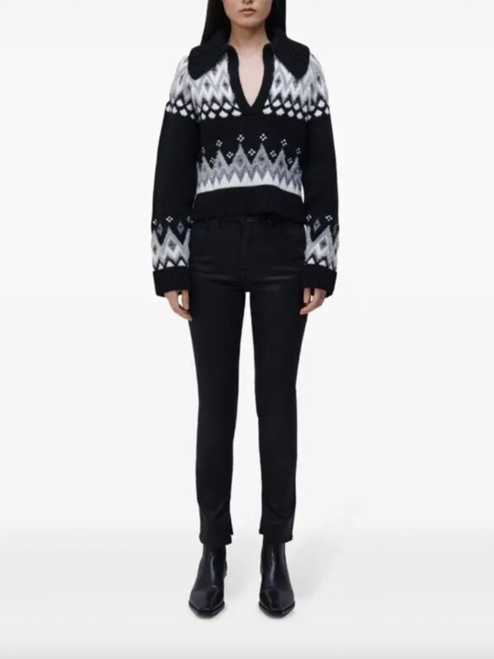 NWT Simkhai Clarence Jacquard V-neck Fair Isle Sweater Black Size XS